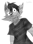 anthro clothed clothing female looking_at_viewer simple_background smile solo coyotebass xanny_(coyotebass) canid canine canis coyote mammal 3:4 absurd_res hi_res monochrome