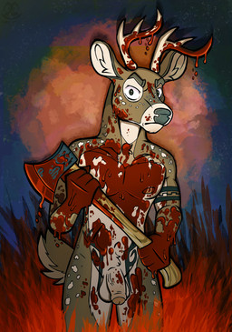 anthro axe balls blood bodily_fluids flaccid genitals gore male nude penis solo tattoo squeakygears deer mammal hi_res