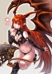 armwear black_clothing black_panties black_underwear breasts cleavage clothed clothing detached_sleeves female finger_to_mouth hair heart_symbol horn humanoid_pointy_ears long_hair looking_at_viewer membrane_(anatomy) membranous_wings midriff navel one_eye_closed panties red_eyes red_hair smile solo spade_tail tail underwear wings wink makimura_shunsuke lord_of_vermilion demon humanoid