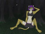 ambiguous_gender anthro athletic_wear being_watched blind_eye bottomwear bra clothing exposure_variation eye_patch eyewear female forest glasses gym_bottomwear gym_shorts hair hand_on_head hands_behind_back looking_at_another night outside plant purple_hair shorts sitting small_waist sports_bra spots spread_legs spreading stalker tail tail_motion tree underwear peyote scp_foundation peyote_(peyote) scp-1471-a cheetah felid feline humanoid mammal 4:3 absurd_res hi_res