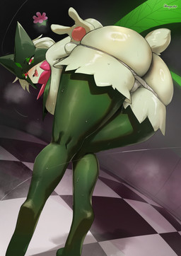anthro biped blush bodily_fluids breasts butt eyebrows female fur green_body green_fur looking_back open_mouth pawpads pink_eyes rear_view short_tail solo standing sweat tail tongue kurage444 nintendo pokemon generation_9_pokemon meowscarada pokemon_(species) hi_res