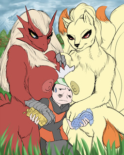 anthro anthrofied big_breasts blue_eyes bodily_fluids bottle breasts clothed clothing container female foam group male multi_tail nipples non-mammal_breasts non-mammal_nipples nude pokemorph red_eyes size_difference soap sponge squish sweat tail zoomerboomerz nintendo pokemon brendan_(pokemon) avian bird blaziken canid canine generation_1_pokemon generation_3_pokemon human mammal ninetales pokemon_(species) 2014 4:5 digital_media_(artwork) hi_res