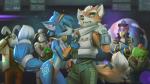 anthro bite biting_lip blue_body blue_fur bodily_fluids bottomwear breasts clothed clothing detailed_background eyes_closed female fur green_eyes group jacket loincloth machine male markings pants space star sweat topwear tribal yellow_body yellow_fur miles_df nintendo star_fox falco_lombardi fox_mccloud krystal_(star_fox) peppy_hare rob_64 slippy_toad amphibian avian bird canid canine fox frog hare lagomorph leporid mammal robot 2019