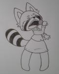 anthro electronics eyes_closed female microphone open_mouth singing solo caffeinerabbit aggretsuko sanrio retsuko ailurid mammal red_panda black_and_white monochrome traditional_media_(artwork)