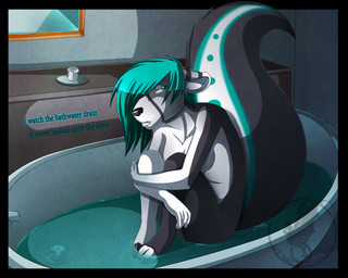 anthro bath biped blue_eyes blue_hair breasts ear_piercing female hair hair_over_eye hooves markings nude one_eye_obstructed partially_submerged piercing sitting solo striped_markings striped_tail stripes tail tail_markings text water ladyvenommyotismon hybrid mammal mephitid skunk 5:4 english_text