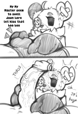 anthro bear_plushie bodily_fluids button_(fastener) button_eyes duo eyebrows female genital_fluids genitals humanoid_genitalia humanoid_penis master penis plushie precum stitch_(sewing) text throbbing throbbing_penis vein veiny_penis zzvinniezz animate_inanimate human living_plushie mammal 2026 absurd_res english_text hi_res monochrome