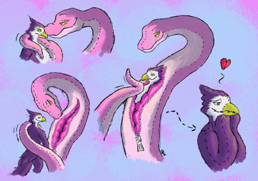after_transformation ambiguous_gender anthro beak coiling duo eye_contact feathers feral hypnosis looking_at_another male mind_control nude pink_body plushie plushie_transformation plushie_vore plushification purple_body ringed_eyes simple_background size_difference smile stitch_(sewing) tail transformation unusual_vore unwilling_to_willing unwilling_to_willing_prey vore willing_prey zipper sqwkr animate_inanimate avian bird living_plushie reptile scalie snake absurd_res hi_res huge_filesize sequence
