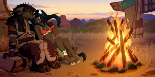 anthro black_body black_fur black_hair breasts campfire clothed clothed_anthro clothed_female clothed_male clothing duo evening female fire fur hair hooves horn hug male outside savanna sitting sunset akitamonster blizzard_entertainment warcraft kiwana_wildmane sahak_darkcloud bovid bovine mammal tauren hi_res brother_(lore) brother_and_sister_(lore) sibling_(lore) sister_(lore)