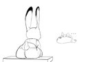 anthro butt duo ears_up female hidden male male/female simple_background sitting white_background spoof_(artist) disney zootopia judy_hopps nick_wilde canid canine fox lagomorph leporid mammal rabbit red_fox true_fox hi_res line_art monochrome