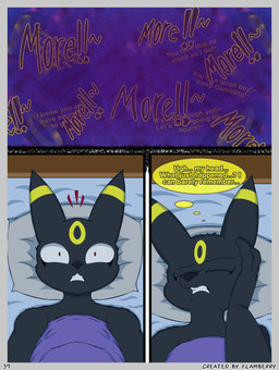 anthro bed black_body black_fur confusion dialogue female fur furniture nude on_bed onomatopoeia red_eyes simple_background solo sound_effects speech_bubble text thought_bubble flamberry_(artist) nintendo pokemon unomia_venizee_flare_(flamberry) canid canine eeveelution generation_2_pokemon mammal pokemon_(species) umbreon absurd_res comic digital_drawing_(artwork) digital_media_(artwork) english_text hi_res ibispaint_(artwork)