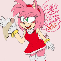 accessory anthro blush boots bracelet clothing dress duo erection female footwear genitals gloves green_eyes hair_accessory hairband handjob handwear jewelry male male/female penile penis pink_background pink_body sex shoes simple_background small_penis small_penis_appreciation speech_bubble tan_body tan_skin ghostspookygoo sega sonic_the_hedgehog_(series) amy_rose eulipotyphlan hedgehog mammal 1:1