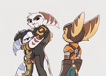 anthro armor belt clothing cybernetic_arm cybernetic_limb ear_piercing ear_ring eyebrows eyewear eyewear_on_head female fluffy fluffy_tail fur gloves goggles goggles_on_head group handwear headgear headwear male markings piercing ring_(marking) ring_piercing ringed_tail striped_body striped_fur striped_markings striped_tail stripes tail tail_markings thin_tail trio white_body white_fur yellow_body yellow_fur time_fluffy500 ratchet_and_clank sony_corporation sony_interactive_entertainment alister_azimuth ratchet_(ratchet_and_clank) rivet_(ratchet_and_clank) lombax mammal 2025