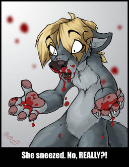 anthro black_body black_border black_eyes black_fur black_nose blonde_hair blood bodily_fluids border dripping eyebrows eyelashes fangs female fur grey_background hair interrobang looking_down open_mouth pawpads paws simple_background solo surprised teeth text tongue wolfy-nail canid canine canis mammal wolf 2007 digital_media_(artwork) english_text watermark