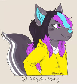 anthro black_hair clothed clothing female hair highlights_(coloring) simple_background smile solo tail young young_anthro young_female fawnishy sonja_wusky canid canine canis hybrid mammal wolf wolfdog digital_media_(artwork)