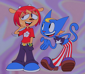 2_horns 5_fingers anthro belt big_nose black_eyes blue_bottomwear blue_clothing blue_ears blue_footwear blue_pants blue_shirt blue_shoes blue_tail blue_topwear bodily_fluids bottomwear brown_nose clock clothed clothing crop_top duo eyelashes female fingers footwear fur glistening glistening_hair glistening_nose hair hand_behind_back hand_in_pocket hand_on_face horn lips long_tail looking_aside midriff motion_lines multicolored_bottomwear multicolored_clothing narrowed_eyes open_mouth open_smile pants pattern_bottomwear pattern_clothing pattern_pants pink_lips pink_nose pink_tongue pockets purple_clothing purple_footwear purple_shoes red_bottomwear red_clothing red_hair red_pants red_shirt red_topwear shirt shoes short_hair simple_background smile striped_bottomwear striped_clothing striped_pants stripes sweat sweatdrop tail tan_body tan_ears tan_fur teeth teeth_showing tongue topwear two_tone_bottomwear two_tone_clothing two_tone_pants watch white_belt white_bottomwear white_clothing white_horn white_pants wristwatch lumspark parappa_the_rapper sony_corporation sony_interactive_entertainment um_jammer_lammy katy_kat lammy_lamb bovid caprine domestic_cat felid feline felis mammal sheep hi_res