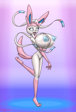 anthro anthrofied areola big_breasts bodily_fluids bow_ribbon breasts dripping_milk erect_nipples female genitals huge_breasts lactating leaking_milk looking_at_viewer milk_drip milk_leaking nipples nude pokemorph solo vulva chameloshi nintendo pokemon eeveelution generation_6_pokemon pokemon_(species) sylveon hi_res