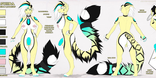 4_toes 5_fingers anthro anus balls blue_eyes breasts ear_piercing ear_ring eyebrows eyelashes feet fingers fur genitals green_eyes herm intersex open_mouth penis piercing pink_nose ring_piercing smile solo standing teeth toes tongue white_body white_fur yellow_body yellow_fur lycangel shiira felid leopard mammal pantherine 2022 digital_media_(artwork) hi_res model_sheet