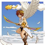 blue_eyes blush bow_(weapon) brown_hair cloud feathers flying fur gameplay_mechanics hair male ranged_weapon spiky_hair weapon white_body white_feathers wings yellow_body yellow_fur tsu_ji kid_icarus nintendo pokemon super_smash_bros. pit_(kid_icarus) angel generation_1_pokemon human mammal mouse murid murine pikachu pokemon_(species) rodent 1:1 2008