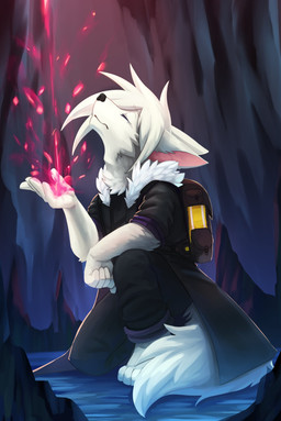 anthro backpack black_bottomwear black_clothing black_pants black_topwear bottomwear clothed clothing eyes_closed fluffy fluffy_tail fur hair kneeling magic_user male mouth_closed pants solo tail topwear white_body white_fur white_hair white_tail kuttoyaki canid mammal absurd_res full-length_portrait hi_res portrait