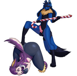 ambiguous_gender animal_genitalia animal_penis anthro balls bent_over bite biting_lip black_body black_fur black_nose blue_body blue_fur candy_cane_dildo canine_genitalia canine_penis dildo erection facial_markings fur genitals gloves_(marking) hands_behind_back head_markings holidays humanoid_hands imminent_penetration imminent_sex knot knotted_penis leg_markings male markings mask_(marking) penis purple_body purple_fur red_eyes sex_toy simple_background socks_(marking) solo tail white_background yellow_inner_ear yungjayfox christmas nintendo pokemon fan_character generation_4_pokemon lucario pokemon_(species) hi_res