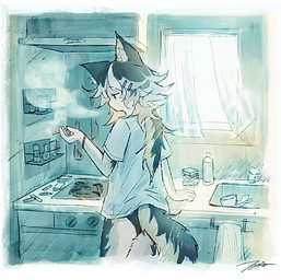 accessory anthro big_ears bottomless cigarette clothed clothing fluffy fluffy_tail hair_accessory hairclip kitchen male shirt shirt_only smoking solo tail topwear topwear_only tonan animal_humanoid aquatic aquatic_humanoid fish fish_humanoid humanoid hybrid shark_humanoid