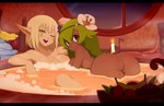 bath big_breasts blonde_hair breasts butt cleavage clothed clothing dark_body dark_skin duo female green_hair hair heart_symbol humanoid_pointy_ears looking_at_viewer looking_back not_furry nude partially_submerged pointy_ears text merunyaa ankama wakfu amalia_sheran_sharm evangelyne_(wakfu) cra elf human humanoid mammal sadida digital_media_(artwork) hi_res shaded