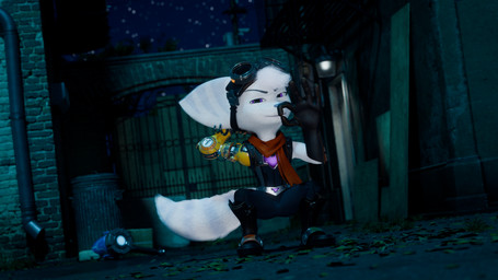 alley alternate_eye_color anthro bedroom_eyes boots clothed clothed_female clothing corruption crouching ear_piercing ear_ring eyewear eyewear_on_head fellatio_gesture female flat_chested footwear front_view fully_clothed fully_clothed_female fur gesture goggles goggles_on_head grey_body grey_fur hand_behind_head looking_at_viewer narrowed_eyes naughty_face night outside piercing prosthetic prosthetic_arm prosthetic_limb purple_eyes ring_piercing scarf seductive shoes solo solo_focus spread_legs spreading suggestive suggestive_gesture tommy_swanson ratchet_and_clank sony_corporation sony_interactive_entertainment rivet_(ratchet_and_clank) lombax mammal 16:9 2026 3d_(artwork) 4k absurd_res digital_media_(artwork) hi_res huge_filesize widescreen