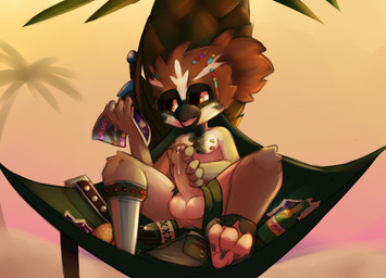 3_toes alcohol amputee anthro balls beak beverage bodily_fluids bottomwear bottomwear_aside clothing clothing_aside curling_toes disability discarded_clothing dripping erection feet food foreskin genital_fluids genitals half-closed_eyes hammock humanoid_genitalia humanoid_penis loincloth loincloth_aside looking_at_porn magazine male masturbation narrowed_eyes nipples non-mammal_balls non-mammal_nipples nude palm_tree partially_retracted_foreskin pegleg penile penile_masturbation penis plant porn_magazine pornography precum reclining solo text toes tree tribal young young_anthro furfit avian bird oscine passerine sparrow absurd_res english_text hi_res