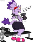 anthro biceps big_butt blaze_the_cat bodily_fluids breasts butt clothed clothing colored domestic_cat exercise felid feline felis female fur gym hi_res huge_butt looking_at_viewer looking_back mammal muscular muscular_anthro muscular_female open_mouth purple_body purple_fur sega solo sonic_the_hedgehog_(series) standing sweat text thick_thighs wide_hips workout xaveknyne yellow_eyes