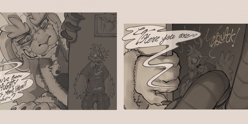 2_panel_comic 4_fingers anthro claws clothing coat curved_horn dialogue dork duo elderly electronics eyewear facial_hair fangs feathered_arms fingers glasses goatee headphones horn macro male nerd pajamas panicking scared screaming sharp_teeth size_difference snout speech_bubble talking_to_another teeth text topwear wearing_glasses wyth anatid anseriform avian bird bovid caprine caprine_demon demon duck goat goat_demon mammal monster comic digital_drawing_(artwork) digital_media_(artwork) english_text greyscale hi_res monochrome