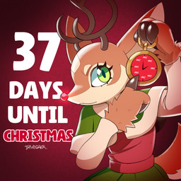 anthro antlers brown_body brown_fur clock clothing eyelashes female fur gesture green_eyes hand_gesture horn pointing solo tan_body tan_fur text drawligator renata_(drawligator) deer mammal new_world_deer reindeer 1:1 2025 english_text hi_res meme