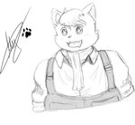 anthro blush clothing male overalls scarf smile solo young max11951227 cyberconnect2 fuga:_melodies_of_steel little_tail_bronx boron_brioche domestic_cat felid feline felineko felis mammal bust_portrait hi_res monochrome portrait sketch