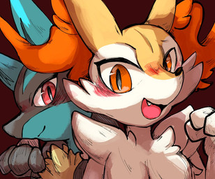 3_fingers ambiguous_anthro ambiguous_gender anthro arm_tuft biped black_nose blue_body blush cheek_tuft chest_tuft cute_fangs duo eyebrows eyelashes facial_tuft fangs fingers front_view fur inner_ear_fluff looking_at_viewer multicolored_body multicolored_fur nude_ambiguous nude_anthro open_mouth open_smile orange_body orange_eyes orange_fur orange_inner_ear_fluff paw_pose pointy_ears pose prick_ears red_eyes shoulder_tuft simple_background smile spikes spikes_(anatomy) teeth tuft white_body white_fur yellow_body yellow_fur izon448 nintendo pokemon braixen canid generation_4_pokemon generation_6_pokemon lucario mammal pokemon_(species) 2025 cel_shading colored colored_sketch digital_drawing_(artwork) digital_media_(artwork) shaded sketch