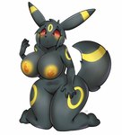 anthro areola big_breasts black_body black_eyes black_fur breasts canid canine eeveelution female fur generation_2_pokemon hair hi_res huge_breasts mammal markings nintendo nipple_dip nipples nude pokemon pokemon_(species) red_sclera simple_background solo tail thick_thighs umbreon villmix yellow_areola yellow_markings yellow_nipples