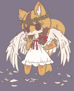 anthro blush bow_ribbon brown_body brown_fur brown_hair clothing dress feathered_wings feathers female fur hair inner_ear_fluff laurel_wreath leaf leaf_crown multicolored_body multicolored_fur multicolored_hair orange_body orange_fur orange_hair pigtails red_eyes red_ribbon ribbons scar self-harm self-harm_scars simple_background solo tuft white_body white_clothing white_dress white_fur wings young pyonko risuhana-chan mammal rodent sciurid tree_squirrel