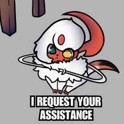 1_horn 3_claws ambiguous_gender claws clothes_hanger feral green_eyes grey_background hair heterochromia horn red_claws red_horn simple_background sitting solo stuck_in_object text white_hair white_text yellow_eyes mjinoct1 nintendo pokemon abby_(ballad) absol generation_3_pokemon generation_7_pokemon hybrid pokemon_(species) salazzle 2026 absurd_res english_text hi_res meme