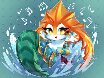 4_fingers anthro apode armor big_eyes blush blush_lines bracers breasts chibi countershade_face countershade_torso countershading ear_piercing ear_ring eyelashes featureless_breasts female female_anthro fin fingers flesh_tunnel furgonomics green_body green_scales head_fin legless long_eyelashes looking_at_viewer lure_(anatomy) medium_breasts musical_note musical_symbol open_mouth open_smile orange_fin pattern_background piercing ring_piercing scales serpentine simple_background slim_anthro slim_female smile smiling_at_viewer solo sparkles splashing_water split_form stippling symbol tail_armor text thick_eyelashes water white_blush yellow_eyes conditional_dnp dexechii slithice_the_naga_siren aquatic draconcopode merfolk naga 2025 4:3 absurd_res artist_name digital_media_(artwork) english_description full-length_portrait hi_res portrait watermark