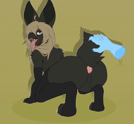 anthro anus claws collar fangs hair long_ears long_hair long_tongue male puffy_anus pupils raised_tail slit_pupils solo stirrup_legwear tail teeth tongue cutefckngbunny biobatz bat mammal hi_res