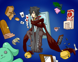 bell black_hair bread card chair chess_board container cup door food furniture hair male red_eyes sitting solo stairs window chaoji_xiao_shou_he 2014 5:4