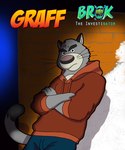 anthro biped bottomwear clothing grey_body hoodie humanoid_hands male pants solo text topwear ilustratorlatin brok_the_investigator cowcat_games graff_filsh domestic_cat felid feline felis mammal 2024 absurd_res english_text hi_res