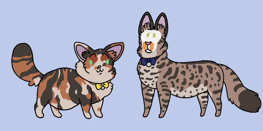 bell bell_collar bow_tie brown_body brown_fur chibi collar duo female feral fur green_eyes grey_body grey_fur male markings mottled piebald pink_nose slightly_chubby striped_markings stripes kibbleztheyeen electronic_arts maxis_(ea) the_sims spleens_(graystillplays) tonsils_(graystillplays) calico_cat cocaineaco_(graystillplays) domestic_cat felid feline felis mammal 2021 absurd_res hi_res
