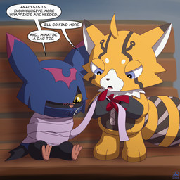 anthro bdsm black_body black_fur blue_eyes blush bondage bound duo female fur male orange_body orange_fur pupils tape tape_bondage text unusual_pupils yellow_eyes radasus bandai_namco digimon digimon_beatbreak chiropmon digimon_(species) pristimon 1:1 english_text hi_res