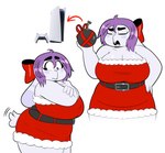 accessory anthro belly belt big_breasts blush blush_stickers bomb bow_ribbon breasts directional_arrow explosives eyes_closed female floppy_ears front_view fur hair hair_accessory hair_bow hair_ribbon hand_on_hip holding_bomb holidays huge_breasts huge_thighs lit_fuse looking_back_at_self lop_ears open_mouth purple_hair ribbons santa_dress short_tail side_view simple_background slightly_chubby slightly_chubby_anthro slightly_chubby_female solo standing tail thick_thighs tongue white_background white_body white_fur white_tail blitzyflair christmas playstation playstation_5 sony_corporation sony_interactive_entertainment arianne_(blitzyflair) lagomorph leporid mammal rabbit 2024 digital_drawing_(artwork) digital_media_(artwork) hi_res