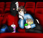 anthro beverage_can black_body black_fur clothing duo food fur hair heterochromia long_hair male male/male movie_theater popcorn romantic romantic_couple tan_body tan_fur white_body white_fur dante_mutt_(artist) azki_(azki_wolf) exphilia canid canine canis lagomorph leporid mammal rabbit wolf