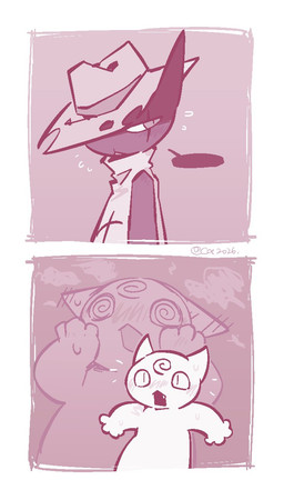 anthro biped black_body black_fur blush clothed clothing cowboy cowboy_hat duo embarrassed facial_scar fur hat headgear headwear male male/male monotone_body monotone_fur nude romantic romantic_couple scar simple_background spiral spiral_eyes spiral_markings carbontrioxide mewgenics gambit_(mewgenics) zodiac_(mewgenics) domestic_cat felid feline felis mammal 2026 comic digital_media_(artwork)