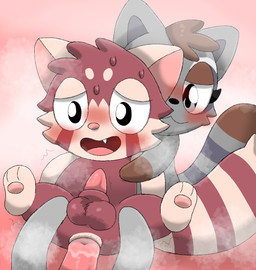 anal anal_penetration anus assisted_sex balls blush bodily_fluids brown_hair fangs feral genitals grey_body group hair holding_another imminent_sex lying male male/male male_penetrated male_penetrating male_penetrating_male markings on_back open_mouth paws penetration penis pink_background red_body semi-anthro sex simple_background striped_markings striped_tail stripes sweat tail tail_markings teeth throbbing throbbing_penis trio twitching conditional_dnp frchpk aejae_(frchpk) nyose_(frchpk) tiberius_magnus ailurid mammal procyonid raccoon red_panda 2025