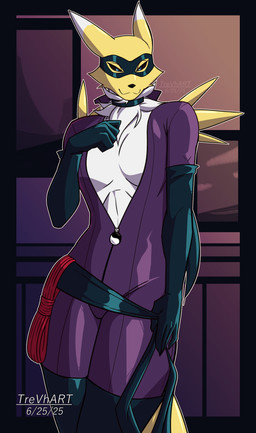 armwear bodysuit boots breasts choker cleavage clothed clothing elbow_gloves eyemask eyewear female fluffy fluffy_chest footwear gloves handwear imminent_bondage imminent_sex jewelry latex leather legwear mask necklace rope sash shoes skinsuit solo thief thigh_boots thigh_highs tight_clothing tight_suit zipper trevhart bandai_namco digimon canid canine digimon_(species) fox mammal renamon absurd_res hi_res