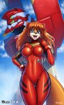 anthro big_breasts blue_eyes bodysuit breasts clothing cloud female hair long_hair machine mecha orange_hair skinsuit solo thigh_gap tight_clothing wide_hips conditional_dnp tailsrulz neon_genesis_evangelion asuka_langley_soryu cassandra_(tailsrulz) canid canine evangelion_(cyborg) fox mammal red_fox true_fox hi_res