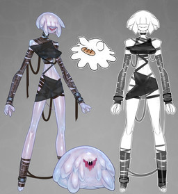 4_fingers 4_toes alternate_form anklet arm_wraps bangs barefoot big_breasts bloodshot_eyes bracelet breasts chest_wraps choker clothed clothing dress feet female fingers goo-connected_lips hair hair_over_eyes jewelry leg_warmers leg_wraps legwear lips navel necklace nipple_tape not_furry open_mouth open_smile pasties pigtails pseudo_hair pussy_tape slim slime smile solo standing tape thick_lips toes vein wraps derek_hetrick shmoop_(derek_hetrick) cyclops goo_creature goo_humanoid humanoid 2023 hi_res