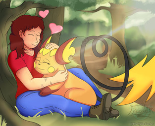 duo female forest hug male male/female plant romantic romantic_couple tree vool_jin_cortes nintendo pokemon akiko_sparkshift alber_lockwood generation_1_pokemon human mammal pokemon_(species) raichu hi_res